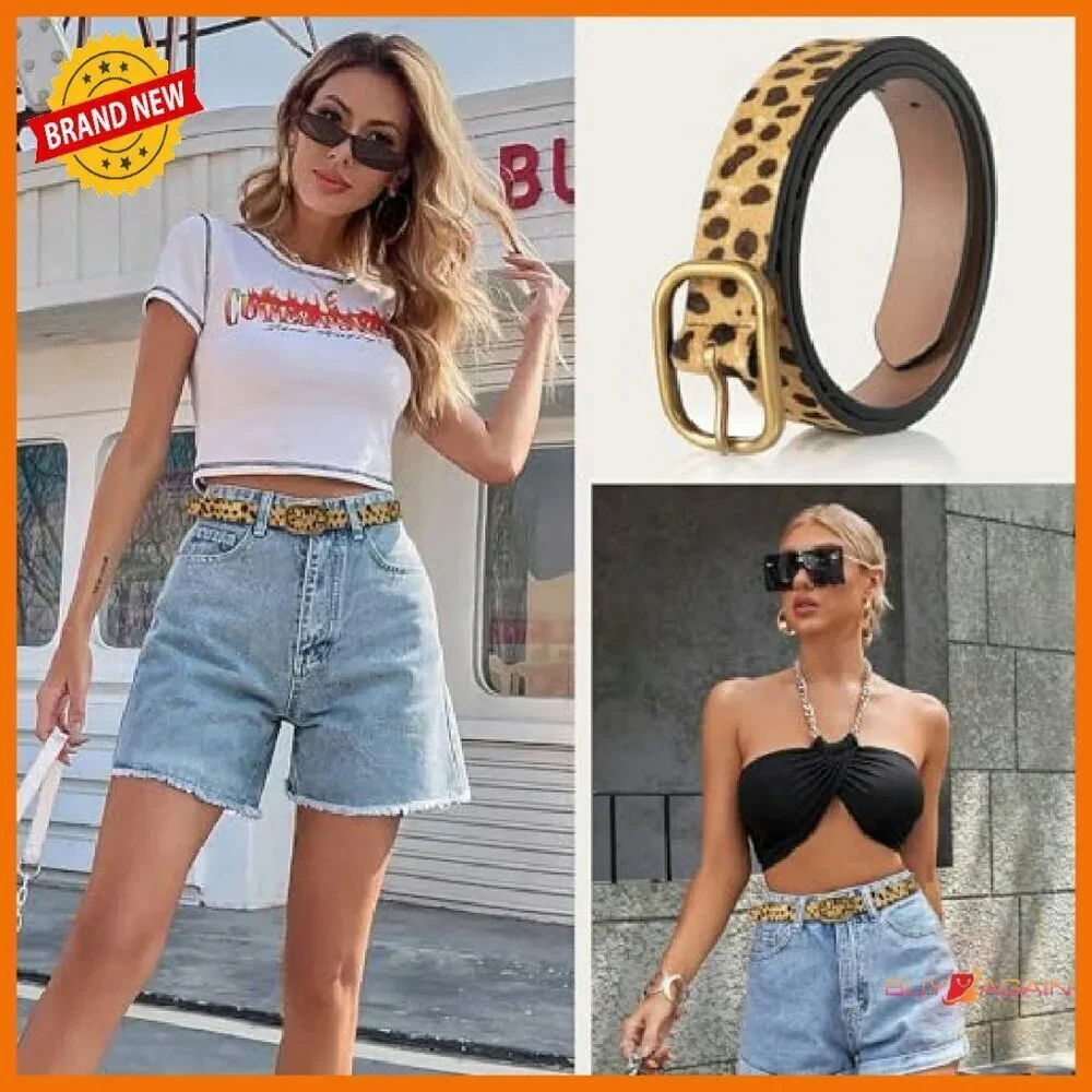Genuine Leather Leopard Print Belt with Needle Buckle for Women